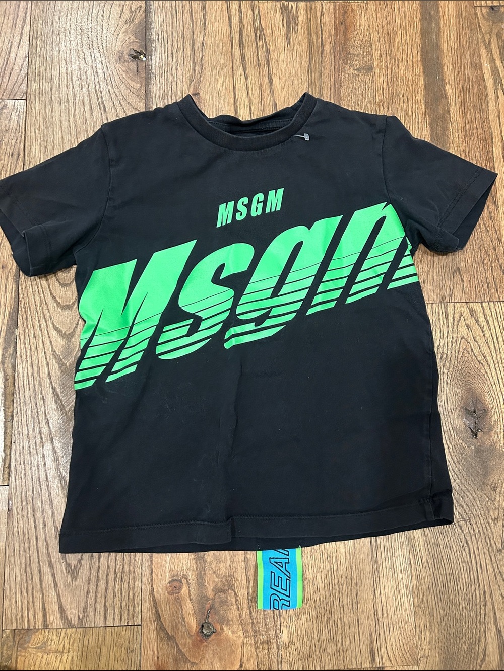 MSGM Black Tee with Bright Green Graphic Logo
